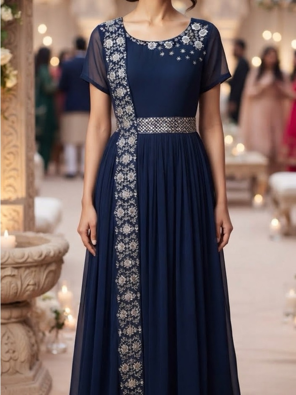 Elegant Navy Blue Embroidered Evening Dress
